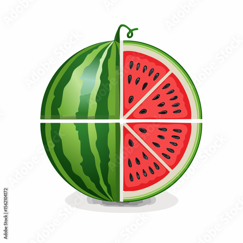 Red ripe watermelon fruit with green skin and juicy sweet slices isolated on a white background