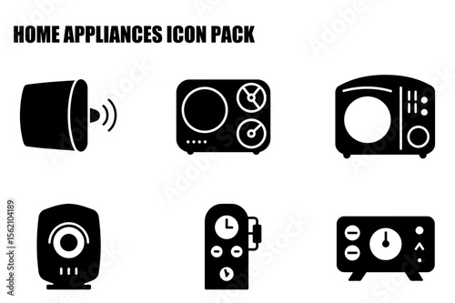 Home appliance icons in various styles. Collection of black and white silhouettes of household appliances.