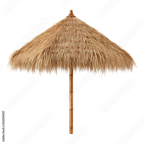 Thatched palapa umbrella for beach relaxation isolated on png transparent background
