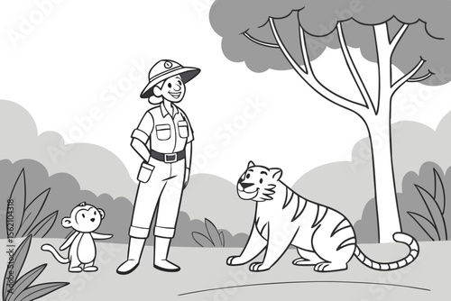 A forest ranger hero protecting animals in the jungle, standing with a friendly tiger and a monkey. Nature hero theme, simple line art, black and white