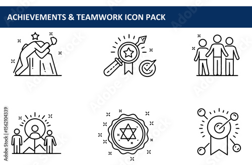 Achievement teamwork icons, diverse human figures in various teamwork poses with mountain or star backgrounds. Teamwork and professional growth concepts for diverse group settings.