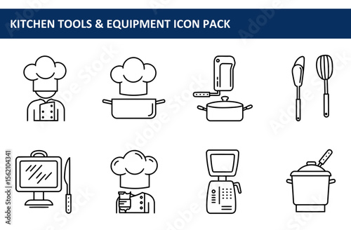 Kitchen tools and equipment icons featuring chefs and cooking utensils in a variety of styles.