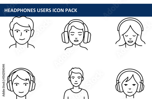 Line art icons of diverse individuals wearing headphones, conveying a relaxed listening experience.