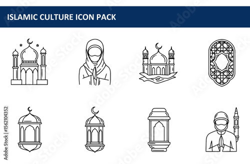 Islamic culture icons with diverse representation of people and places in a simple line art style. Collection of mosque, praying woman, lantern, and Imam with decorative elements in a clean design.