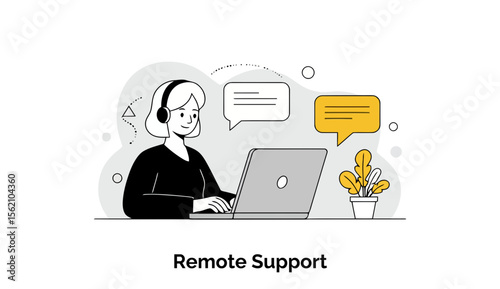 A friendly female customer service representative with a headset is providing remote support, using her laptop to assist a client from her home office environment.
