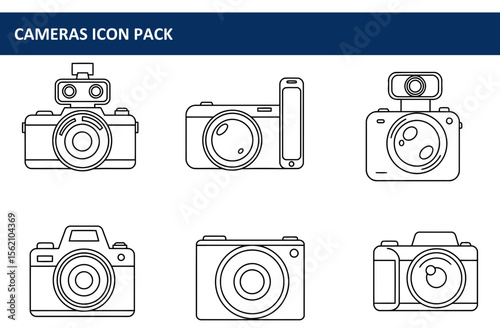 Line art of various camera models in a flat style. Simple camera icons for a digital assets pack. Set of camera illustrations in a clean, modern design.