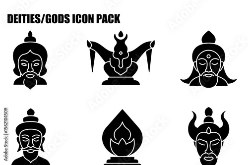 Black and white icons of deities/gods in various poses and settings. Silhouette representations of religious figures with elaborate headdresses and facial features, suitable for a religious icon pack.