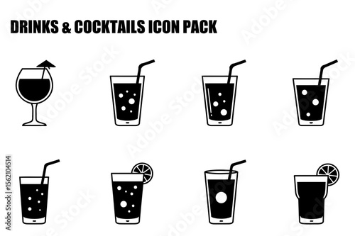 Drinks and Cocktails Icon Set. various beverages in different glasses with straws and garnishes.