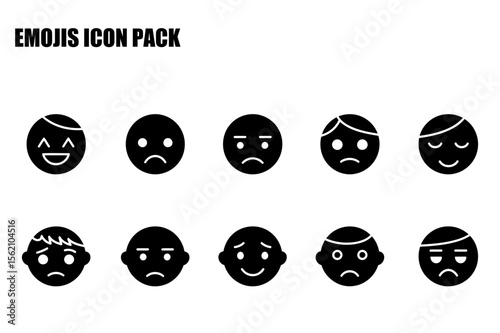 Emoji icon pack displaying various facial expressions. Collection of diverse emoticons in a digital design.