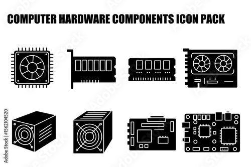 Computer hardware components icons in a simple, flat style. Collection of various computer parts displayed in a static pose against a plain white background.