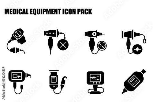 Medical equipment icons depicting various medical devices in a hospital setting. Solid black illustrations of tools and monitors for healthcare professionals.
