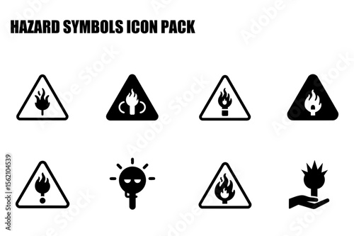 Hazard symbols icon pack depicting various warning signs in a professional, safety-related setting. Simple, black and white symbols against a white background.
