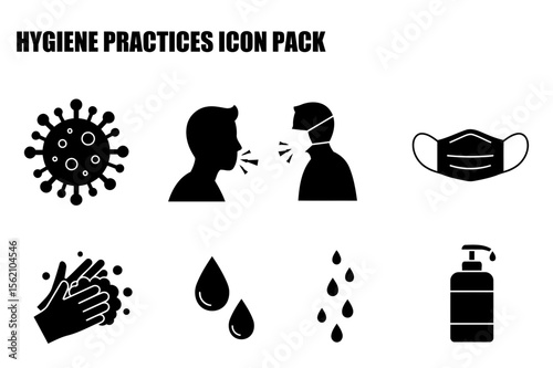 Hygiene practices icons featuring a virus, individuals coughing and wearing masks, handwashing, droplets, and hand sanitizer.