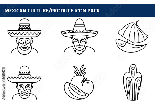 Mexican culture icons featuring senior men in sombreros, various fruits, and a cactus, with a simple line art style. Traditional agricultural icons from a Mexico-themed icon pack.