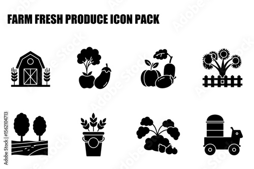 Farm fresh produce icons depicting various agricultural products in a simple, vectorized style. Collection of farm fresh icons for use in advertising, marketing, or educational materials.