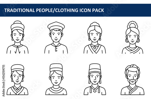 Line art illustrations of diverse individuals in traditional attire. Portraits of people in various cultural garments, neutral background, displayed in a grid format.