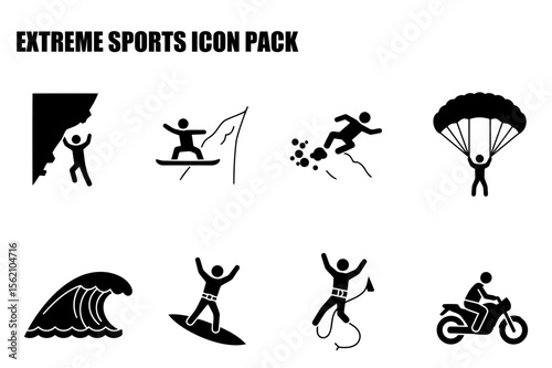 Extreme sports icons depicting various activities in diverse settings. Individuals engaging in activities such as rock climbing, snowboarding, parasailing, mountain biking, and surfing.
