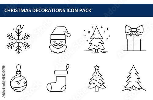 Christmas decoration icons in a variety of styles showing snowflakes, Santa Claus, Christmas trees, gift boxes, and Christmas stockings.