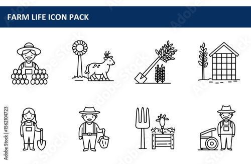 Farm life icon pack depicting various farm activities in a rural setting. Farmers, animals, and tools are shown in a simple line art style.