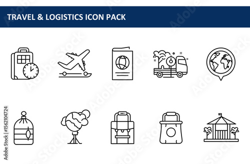Travel and logistics icons for a travel agency in a simple, clean line art style. Airport icons of baggage, airplane, and passport in a flat design.