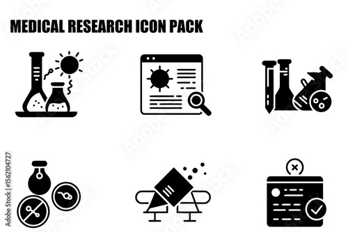 Medical research icons set depicting various laboratory equipment, research data, and prohibition symbols. Visual representation of processes, tools, and results in a sterile, clinical setting.