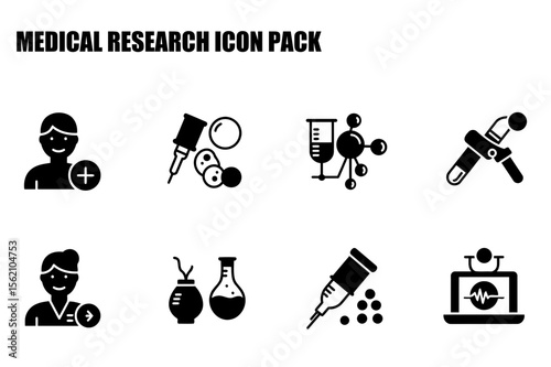 Medical research icons depicting various subjects in a laboratory setting. A collection of diverse scientific tools and figures in a sterile laboratory environment.