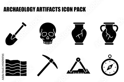 Archaeology artifacts set with shovel, skull, broken vase, pickaxe, strata, compass, and dividers. Set of black and white archaeology icons on a white background.