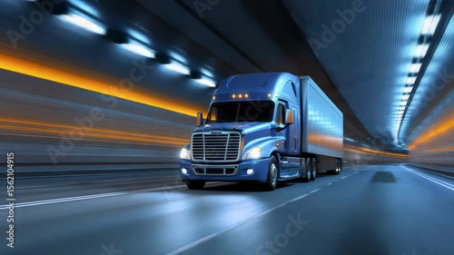 Blue Semi-Truck Driving Through Illuminated Tunnel at High Speed