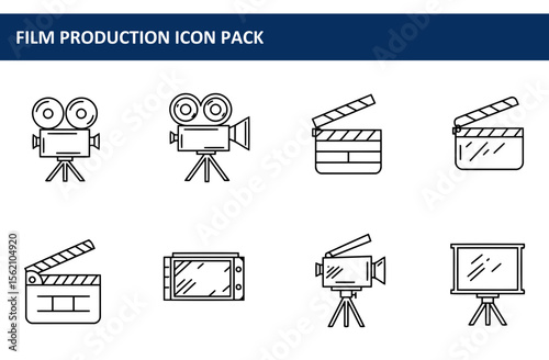 Film production icons in a simple, graphic design style. Set of film equipment for cinema, video, and theatre production.