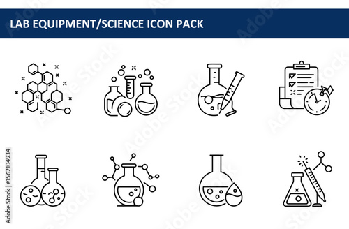 Lab equipment and science icons in a clean, simple design. Collection of various lab instruments displayed in a flat, outlined style.