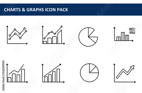 Data visualization icons in a set for business use. Simple line art graphics displaying various charts and graphs.