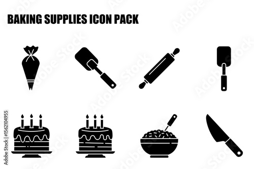 Baking supplies icons set featuring various tools and ingredients.