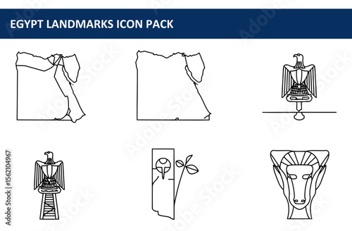 Egypt landmarks icon pack. Outline illustration of Egypt map, emblem, and ancient artifacts.