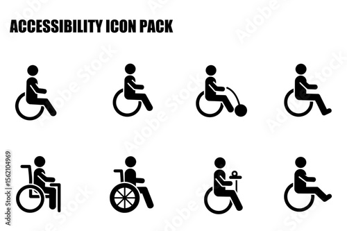 Accessibility icon pack depicting various wheelchair users in different poses. Different positions of individuals in wheelchairs with various accessories.