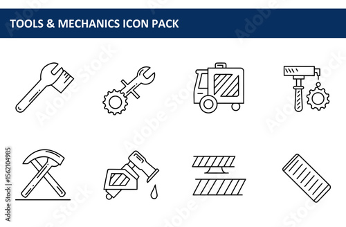Line art illustration of various tools and mechanics equipment. Collection of diverse mechanical objects in a simple, clean design.