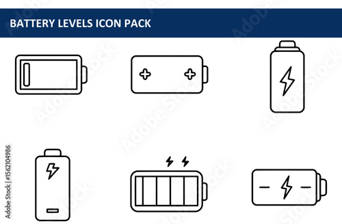 Battery levels icon pack showing various charging stages. Simple line illustrations of battery icons for different levels of charge.