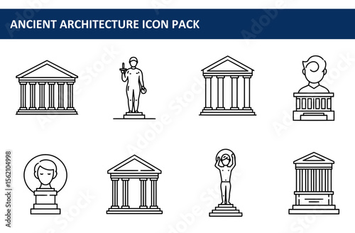 Ancient architectural icons depicting various structures and figures in a historical setting. Simple line drawings of temples, statues, and busts showcasing classical design elements.