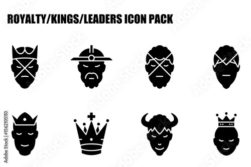 Black and white stylized portraits of royalty/kings/leaders in various headwear and expressions. Simple, flat design with a neutral background.