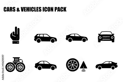 Black and white vehicle icons for a car and vehicle icon pack. Silhouette illustrations of various car types and components, in a professional, universal design.