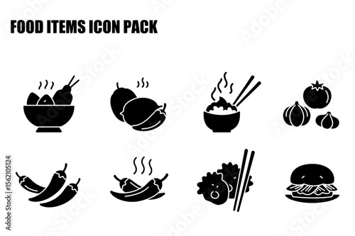 Food items icon pack showing various food dishes in simple, stylized illustration. Collection of common food items with steaming or prepared presentation.