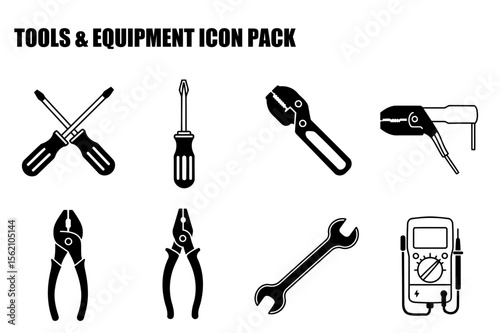 Black and white tools and equipment icons displayed on a white background.
