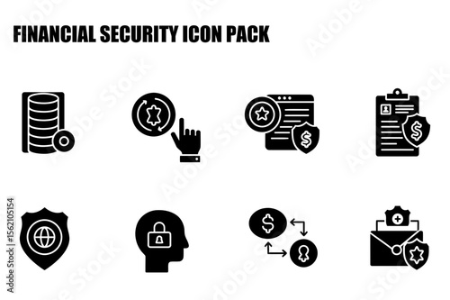 Financial security icons depicting various aspects of managing finances and security in a professional context. Actions and documentations for secure financial transactions.