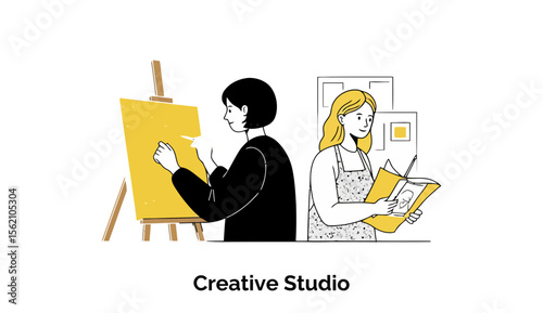 Female artists in a creative studio setting, one painting, the other researching; Female artists at work in a creative studio. Two female artists working in a creative studio space.