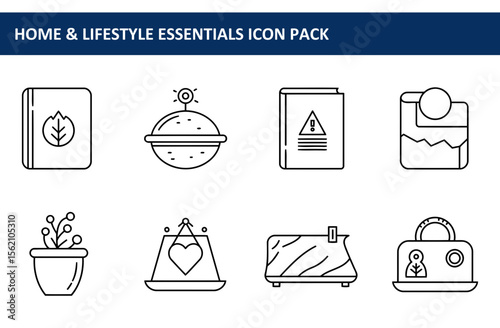 Line art illustrations of home and lifestyle essentials. Simple, flat icons showcasing a variety of items in a neutral setting.