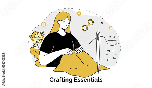 Young woman with blonde hair in a black t-shirt meticulously sewing fabric, set against a light gray background with abstract elements. Creative hobbyist focusing on crafting at a work table.