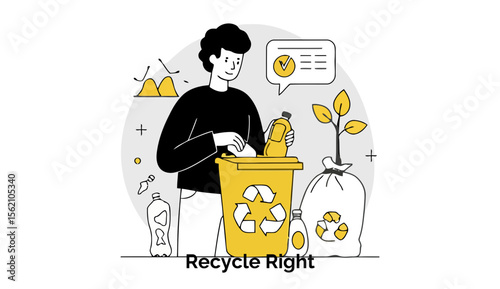 Young adult placing recyclable plastic bottle in a recycling bin with a green sprout in the background. Eco-conscious individual practicing proper waste disposal at home.