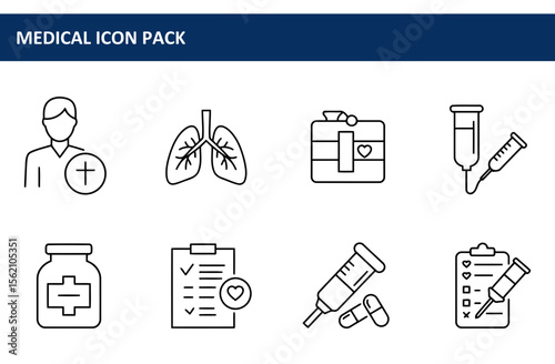 Medical icons set depicting various healthcare elements. A collection of simple, black and white line drawings illustrating a doctor, lungs, medical supplies, and patient records.