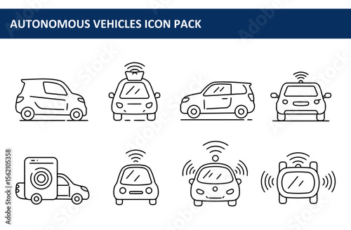 Autonomous vehicle icons with various perspectives in a white background. Simple line art of multiple autonomous vehicles displayed in different views, including front, side, and rear perspectives.