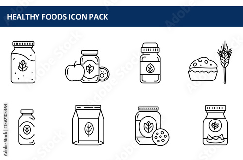 Healthy food icons displaying various packaged items. Illustrations of assorted foods, such as juices, fruit, jams, and baked goods, in containers.