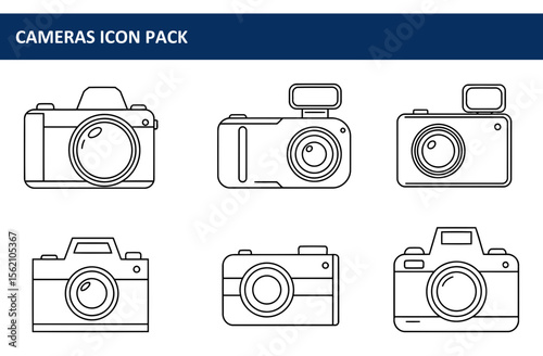 Line art collection of various camera models in a flat design style. Different camera types with detailed outlines in a digital format.